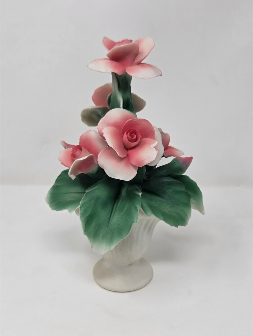 Nuova Capodimonte Porcelain Pink Rose Floral Arrangement Vase Italy Decor
